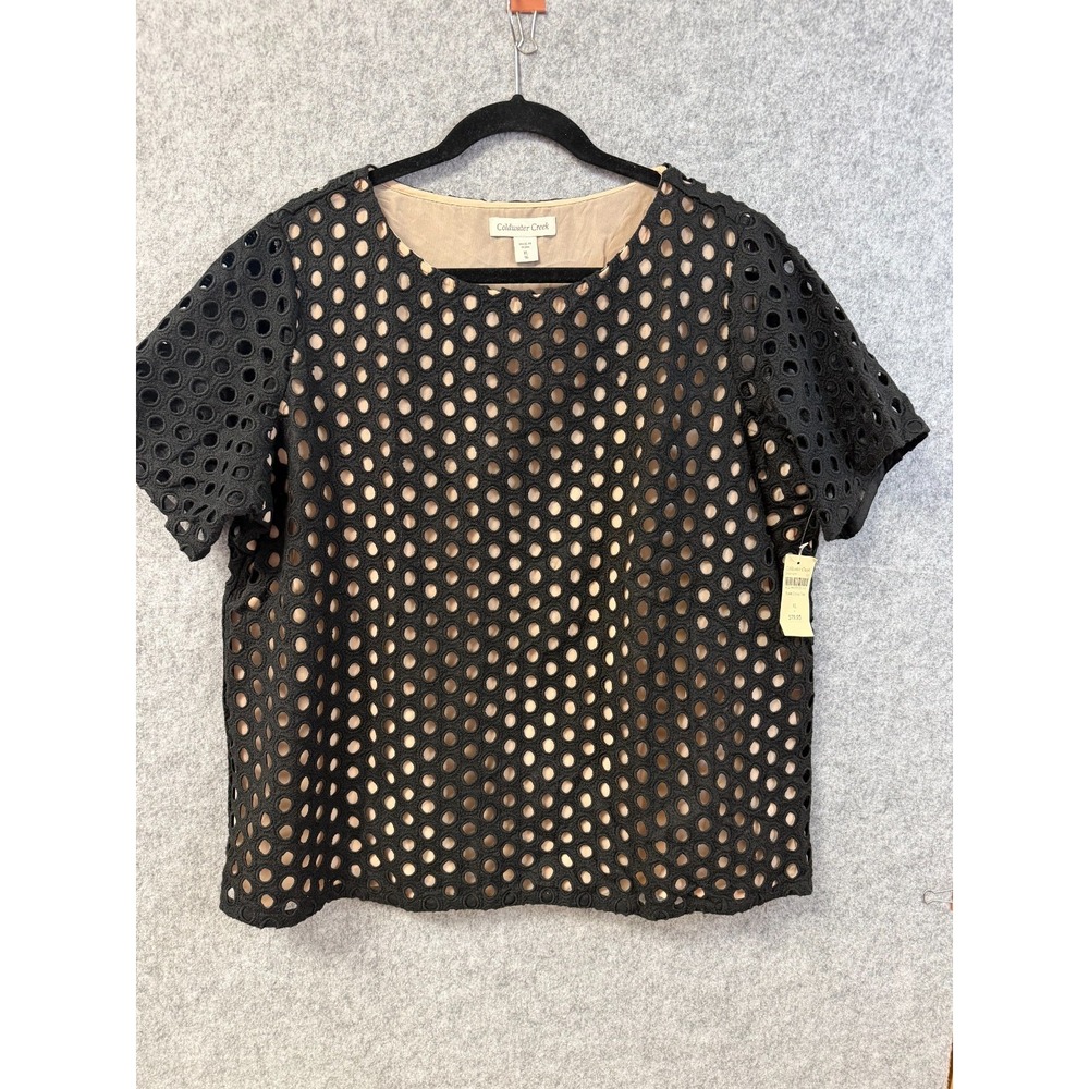 Coldwater Creek Eyelet Circles Top Black‎ Tan Embroidered Short Sleeve Blouse XL